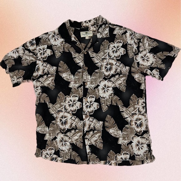 Island Shores Other - Island Shores Black/White/Brown Large Floral Flower Button Up Hawaiian Shirt